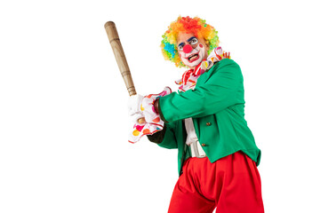 Bad, angry clown club-swinging. Horrible Halloween Joker in colorful suit and wig. Buffoon with...