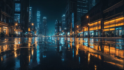 Fototapeta na wymiar a city street at night with a lot of lights on it and buildings in the background with rain on the ground, cyberpunk city