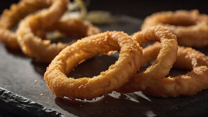 a close up of a onion rings on a table with a black surface