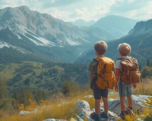 two boys hiking in the mountains