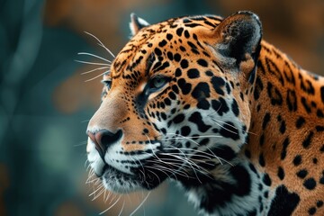 Obraz premium A close up shot of a leopard's face with a blurry background. Perfect for wildlife enthusiasts and nature lovers