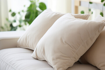 Fototapeta na wymiar Pregnant woman with pillow on sofa at home, closeup