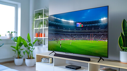 modern living room interior with tv showing a turned-on television - displaying a football match on the screen.