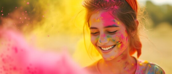 Portrait happy smiling young girl celebrating holi festival, colorful face, vibrant powder paint explosion