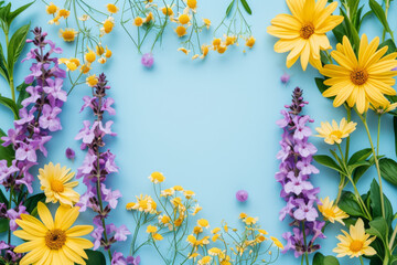 Flowers composition. Yellow and purple flowers on pastel blue background. 