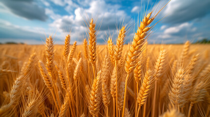 Fototapeta premium wheat field at sunset - The enlarged mature wheat is showing in golden hour