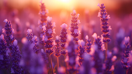 Fototapeta premium A field of lavender, with fragrant purple flowers as the background, during a Tuscan sunset