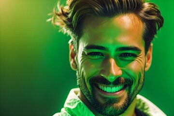 handsome man, smiling and laughing,. Bright solid green background. generative AI 

