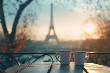 Fotobehang coffee on table and Eiffel tower in Paris © Dzmitry Halavach