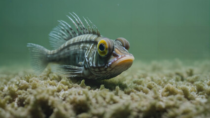 a fish with a yellow eye is swimming in the water with algae on the bottom of the water