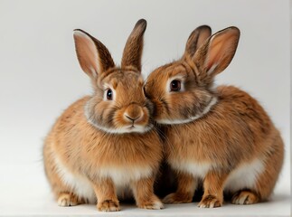 Cute brown rabbits on plain white background from Generative AI