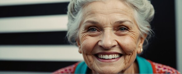 Close up of a smiling elderly woman with white perfect teeth from Generative AI