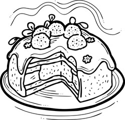 Sweet dessert cake with fruits for celebration birthday party or wedding, tasty breakfast. For cafe, restaurant menu print, postcard or poster. Hand drawn illustration. Cartoon style line art drawing.