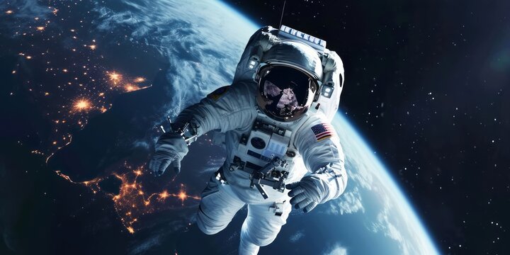 Astronaut spaceman do spacewalk while working for space station in outer space . Astronaut wear full spacesuit for space operation