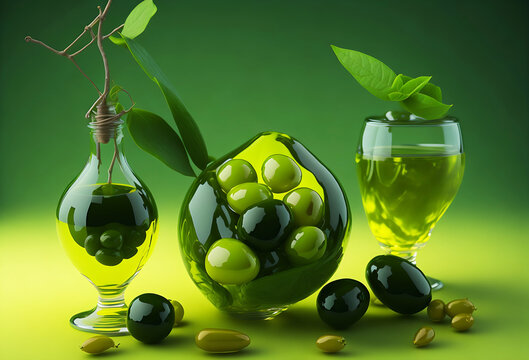 Fresh green olives Vibrant green Background and plump and glistening with Drops of oil catch the light