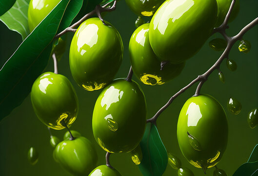 Fresh green olives Vibrant green Background and plump and glistening with Drops of oil catch the light