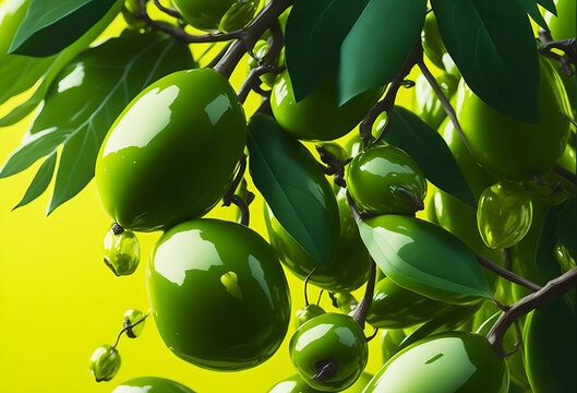 Fresh green olives Vibrant green Background and plump and glistening with Drops of oil catch the light