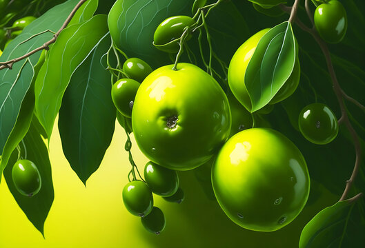 Fresh green olives Vibrant green Background and plump and glistening with Drops of oil catch the light