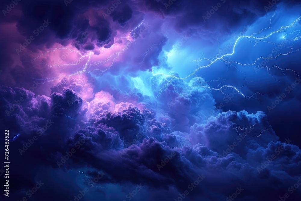 Poster A striking image of a cloud filled with purple and blue lightning. Perfect for adding an electrifying touch to any project