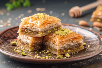 Banner sumptuous stacked pistachio baklava on a rust, ceramic plate, with Honey and Nuts