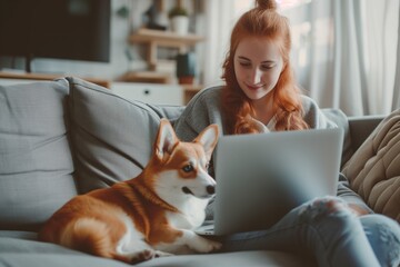 Beautiful woman is sitting on the sofa with a laptop, corgi beside her