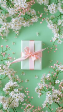 Spring pastel colors banner on green, gift box with pink ribbon among flowers, mothers day, valentines day