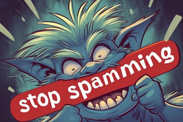 A troll with the message stop spamming - obrazy, fototapety, plakaty