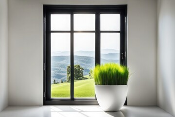 Small flower pot with house of grass on white floor and window