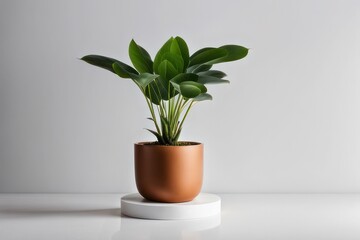 A small potted plant sits on a white surface, studio photo style