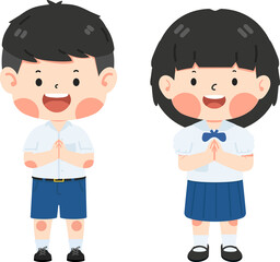 Cute student greeting sawasdee set