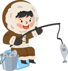 Boy eskimo with fish catch cartoon