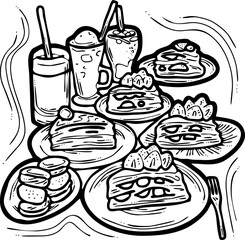 Sweet dessert cake with fruits for celebration birthday party or wedding, tasty breakfast. For cafe, restaurant menu print, postcard or poster. Hand drawn illustration. Cartoon style line art drawing.