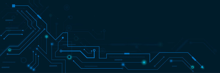 High-tech circuit board connection system concept. Vector abstract technology illustration Circuit board on dark blue background.