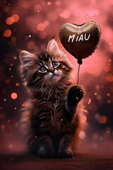 Cute Maine Coon cat with a heart balloon on glittering background. With a text Miau. For Valentine's Day celebration. Romantic holiday and pet concept. Funny animal for wallpaper, poster, card