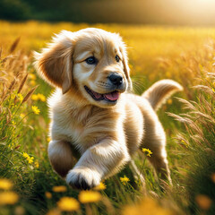 golden retriever puppy on grass, generative AI