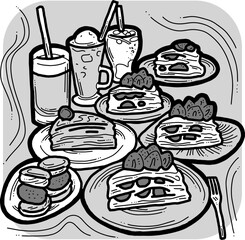 Sweet dessert cake with fruits for celebration birthday party or wedding, tasty breakfast. For cafe, restaurant menu print, postcard or poster. Hand drawn illustration. Cartoon style line art drawing.