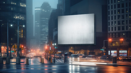 Rain-Soaked City Street with Blank Billboard - Generative AI