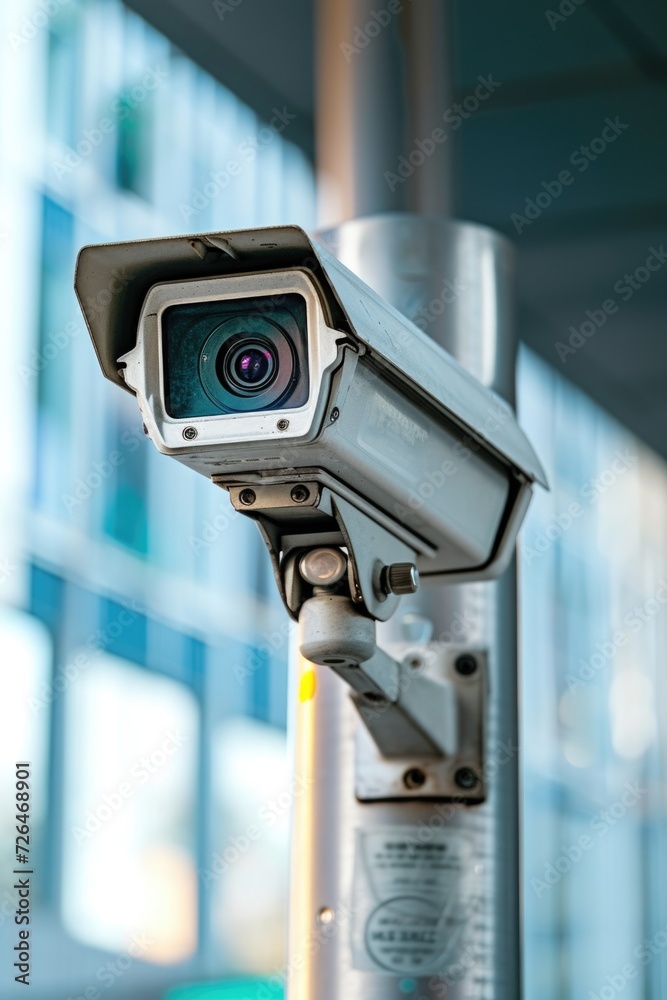 Poster A close up image of a camera mounted on a pole. This versatile picture can be used to represent surveillance, security, technology, or photography themes