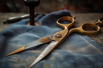 Tailor scissors, scissors, tailor and tool, sewing, needlework. Sew and seamstress, tailoring, atelier and couturier - obrazy, fototapety, plakaty