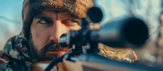 Closeup of a man outdoors with a hunting rifle and camouflage - obrazy, fototapety, plakaty