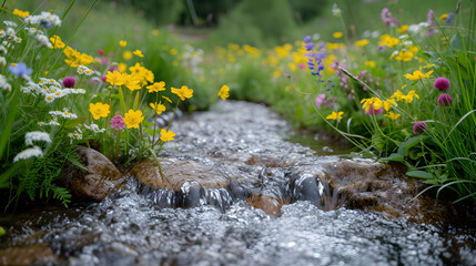 A babbling brook, with wildflowers lining the banks as the background, during a peaceful springtime stroll