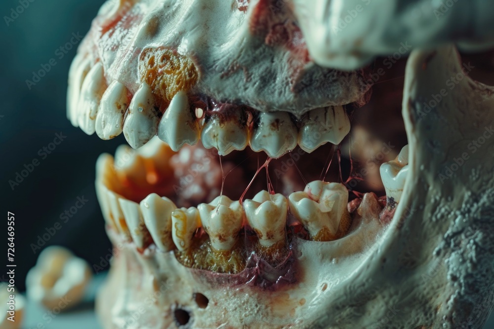 Poster a detailed close-up view of a human skull with several missing teeth. perfect for educational materi