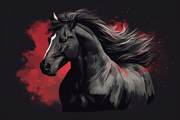 Obraz na płótnie Canvas Abstract Illustration of a Black Horse on a Red Foggy Dark Background - Generative AI