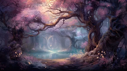 Foto op Canvas purple yellow woodland flower, richly detailed backgrounds,mystical landscape © neirfy