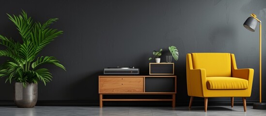 Dark living room interior with a yellow armchair, retro cabinet housing a record player, and a plant against the grey wall.