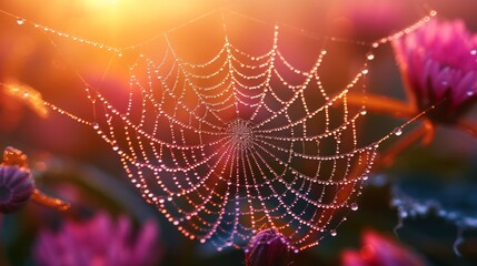 spider web with dew drops in the morning