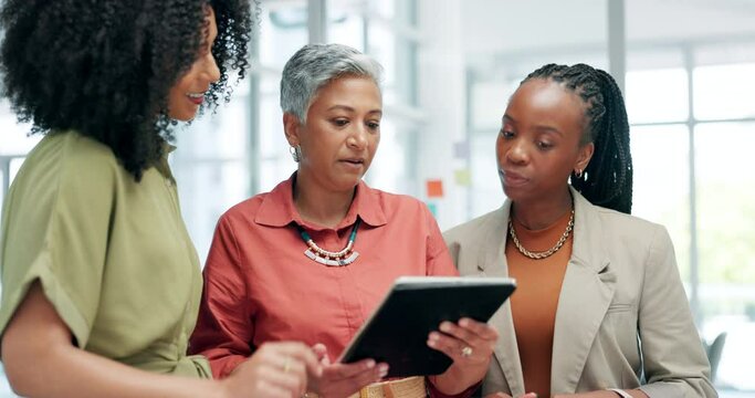 Mature businesswoman, tablet and leader for discussion or advice, online research and internet on tech. Businesspeople, collaboration and mentor for feedback on project and support in workplace