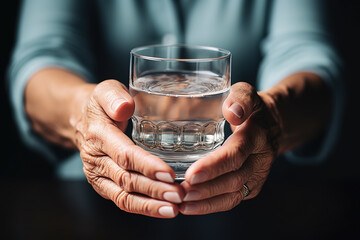 Close-up of elderly, wrinkled female hands holding a glass of water.