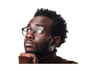 Worried black man in glasses feels concerned puzzled lost in thoughts pondering making decision concept image