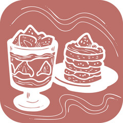 Sweet dessert cake with fruits for celebration birthday party or wedding, tasty breakfast. For cafe, restaurant menu print, postcard or poster. Hand drawn illustration. Cartoon style line art drawing.